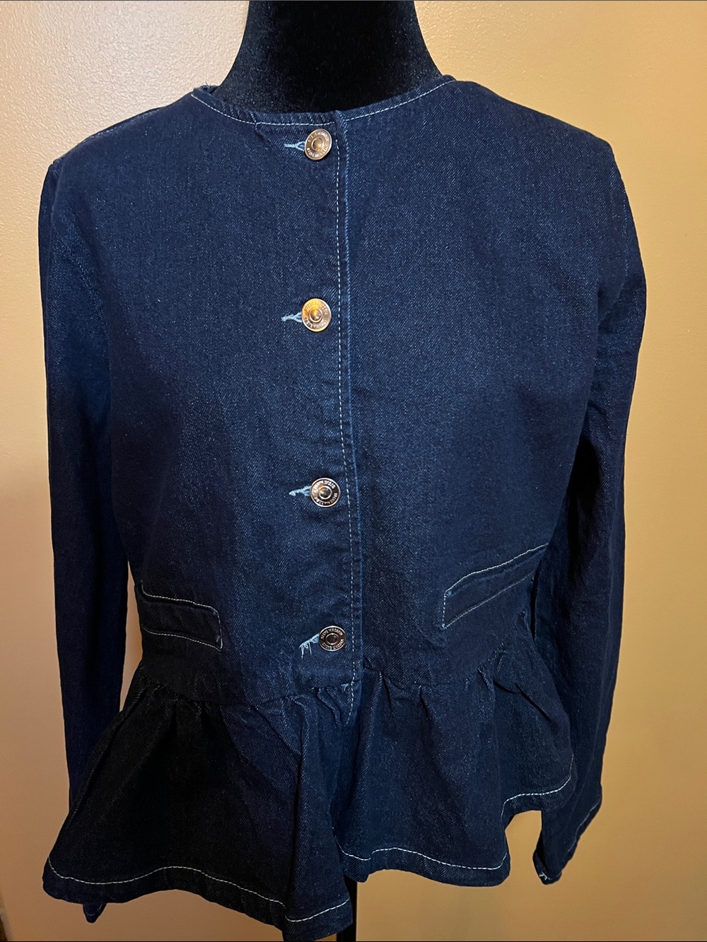 Steve Madden Navy Denim Peplum Button-Front Jacket